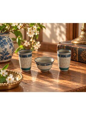 Vintage Asian Ceramic Sake Tea Set 2 Cups Bowl Blue Green Signed CAT